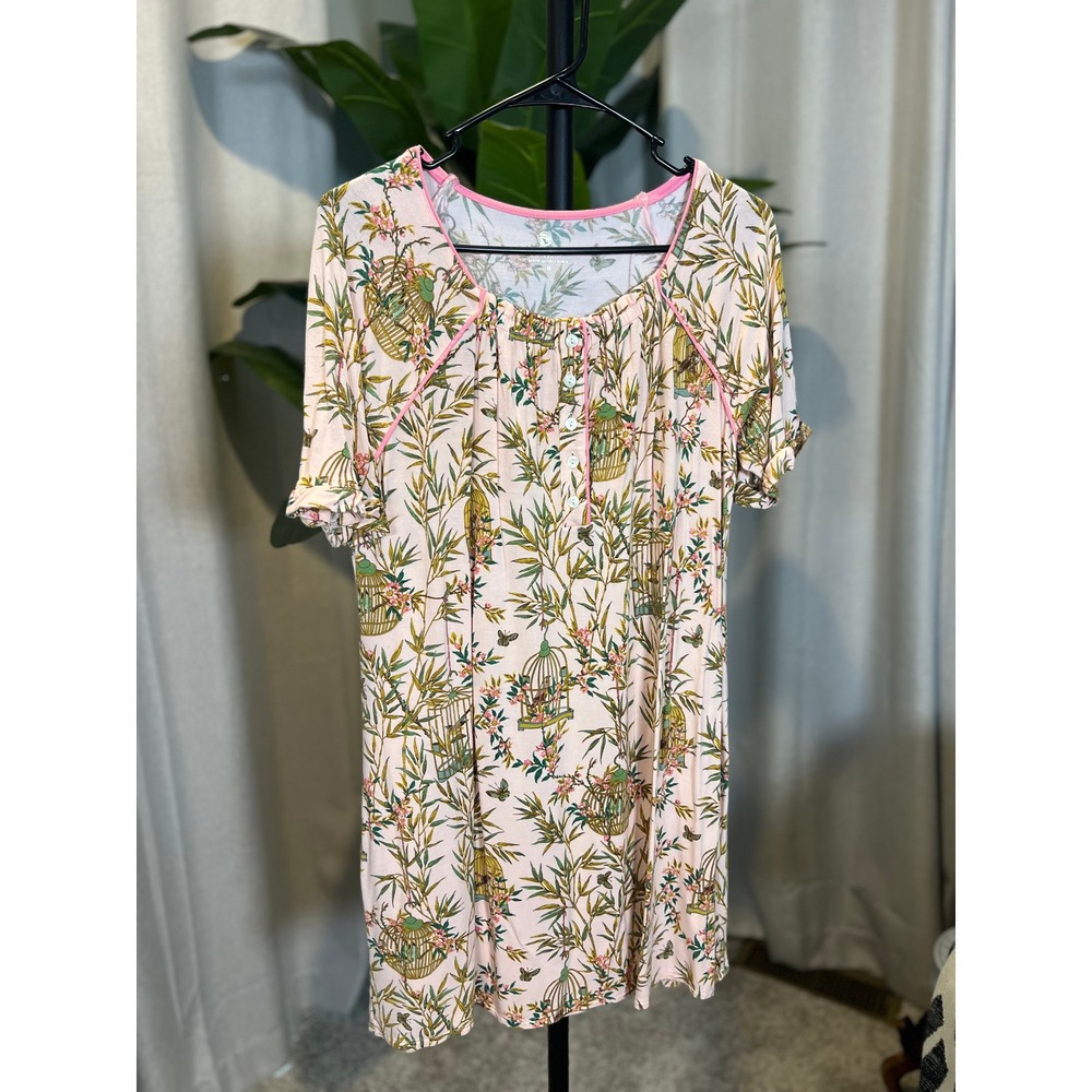 Spartina 449 Women Pink Botanical Birdcage Print Sleep Shirt Nightgown Medium